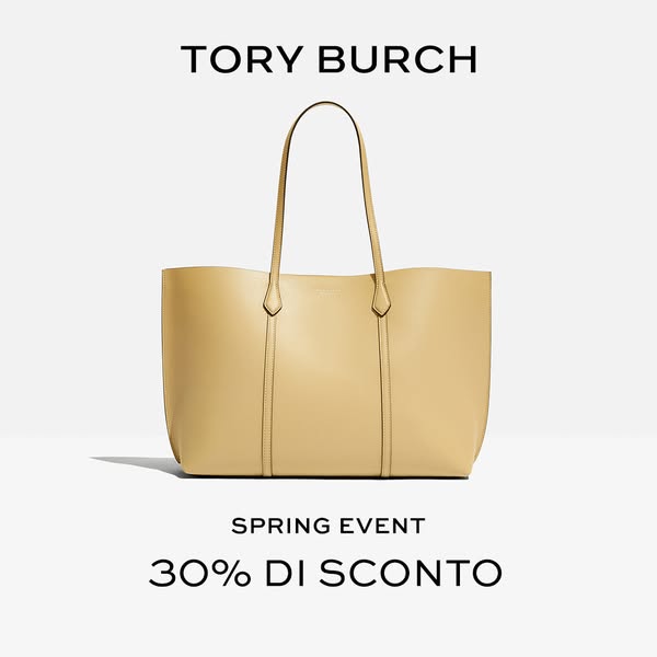 This image ad for Tory Burch promotes a spring event and offers a 30% discount. The ad features a beige leather tote bag
