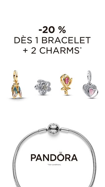 This image ad for Pandora promotes a limited-time offer of 20% off when you buy one bracelet and two charms. The ad feat