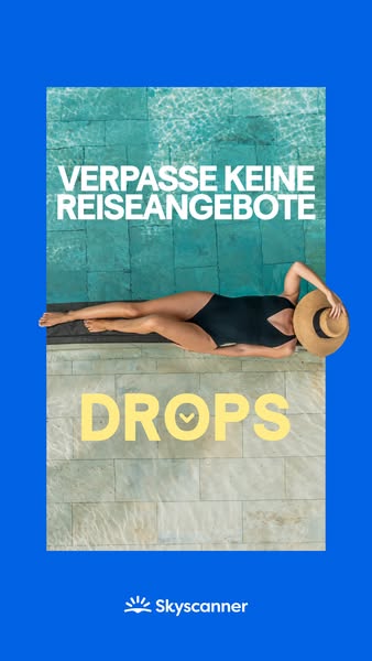 This ad for Skyscanner features a woman in a bathing suit and straw hat laying next to a pool, paired with messaging abo