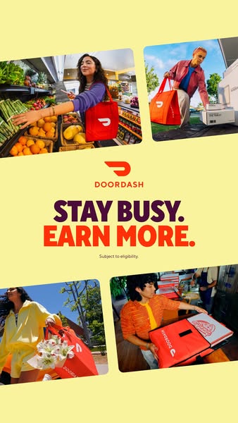 This image ad for DoorDash shows four different people working as dashers. The ad highlights the ability to stay busy an