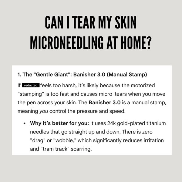 This ad addresses a pain point about using motorized microneedling tools at home, which can sometimes be too harsh or fa
