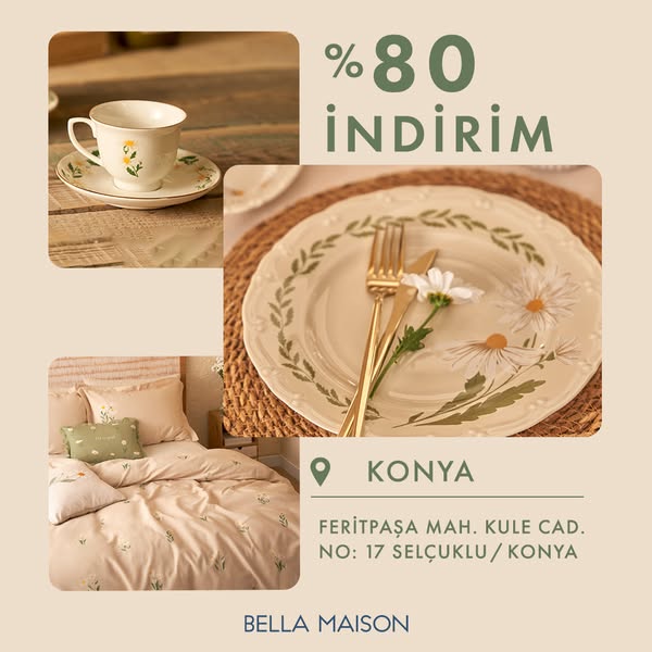 This ad for Bella Maison features an image with the brand name, address, and a discount.