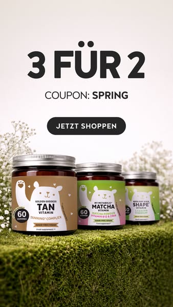 An ad for vitamin gummies shows three jars of different flavors. The ad promotes a special offer of '3 for 2' an