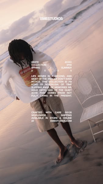 This image ad for Emestudios' Spring/Summer collection features a person standing on a beach at sunset, wearing the 