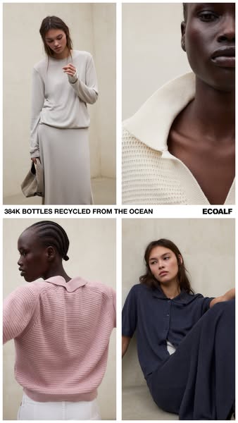 This image is a grid of four product shots of different colored knitted Ecoalf tops and bottoms. The first photo on the 