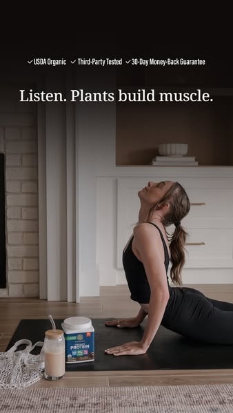 This ad features a woman doing yoga next to a container of plant-based protein and a glass of protein shake. The ad high
