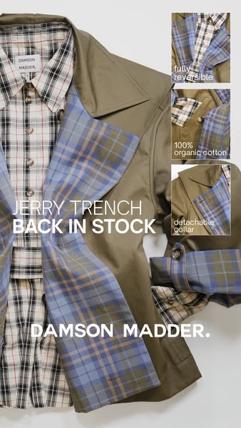 An image ad promoting the restock of the Jerry Trench from Damson Madder, highlighting its reversible nature, organic co