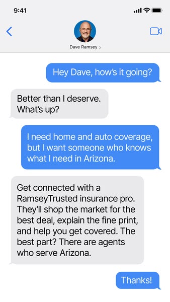 This ad features a screenshot of a text message conversation with Dave Ramsey promoting RamseyTrusted insurance professi