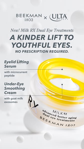 This image ad for Beekman 1802 promotes its Milk RX Dual Eye Treatments in partnership with Ulta Beauty. It emphasizes t