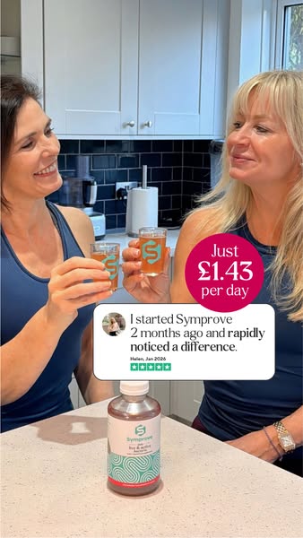This image ad showcases the Symprove product with the help of two people holding glasses of the product and a testimonia