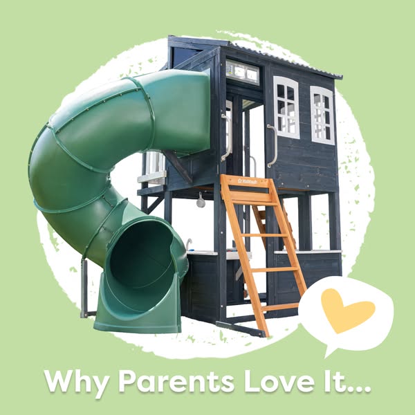 This image ad for KidKraft features a backyard playset against a green backdrop, emphasizing parental approval with the 