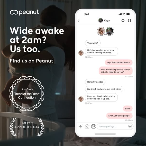This image ad for Peanut uses a screenshot of a conversation between two users to highlight the brand's focus on con