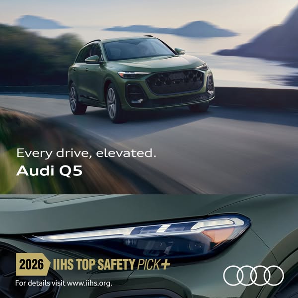 This ad is for the Audi Q5. The top portion of the ad features the Q5 on a coastal highway with the tagline "Every 
