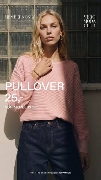 An advertisement for VERO MODA CLUB clothing, highlighting a pink pullover on a model.