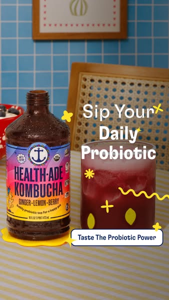 This ad promotes Health-Ade Kombucha as a daily probiotic drink. The ad features the product in a vibrant, naturally-lit