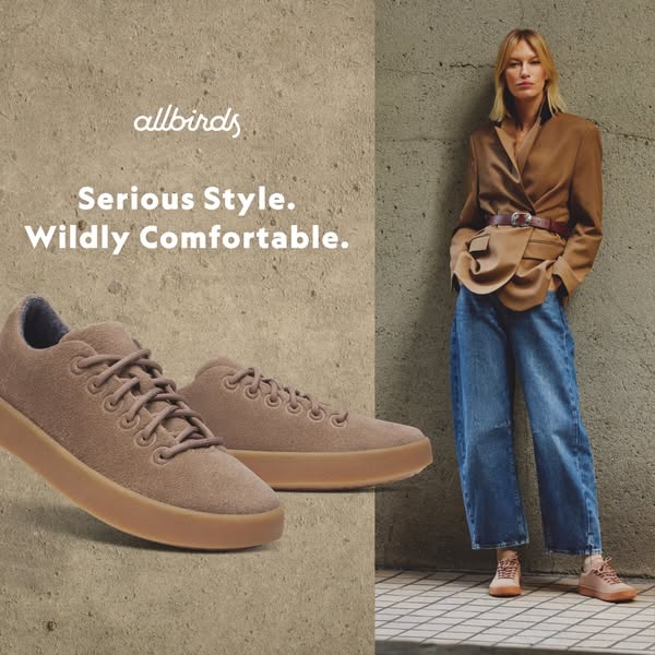 An advertisement for Allbirds shoes, showcasing their style and comfort. The ad features a pair of brown Allbirds shoes 