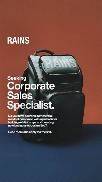 The ad displays a bag with the brand name RAINS printed on it. The ad is for a Corporate Sales Specialist position.