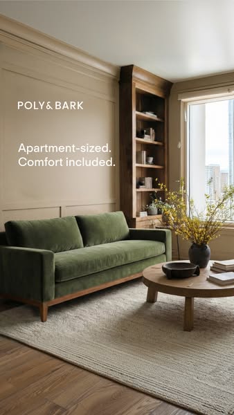 This image ad showcases a comfortable, apartment-sized sofa from Poly & Bark in a stylish, neutral-toned living room
