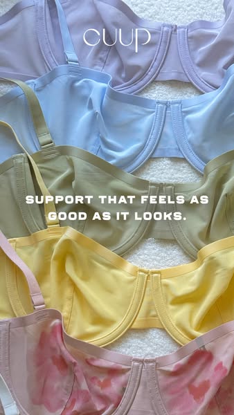 This ad showcases Cuup bras in a variety of colors, emphasizing their comfort and aesthetic appeal. The image presents a