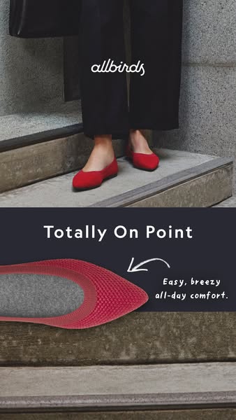 Image ad for Allbirds shoes. The ad showcases a pair of red Allbirds flats being worn, followed by a close-up of the ins