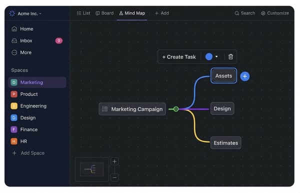 This ad is for Acme Inc. and highlights its mind map feature. The image shows a marketing campaign mind map with subtask