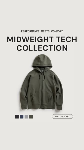 This image ad showcases the Midweight Tech Collection, highlighting both comfort and performance. The ad includes a pict