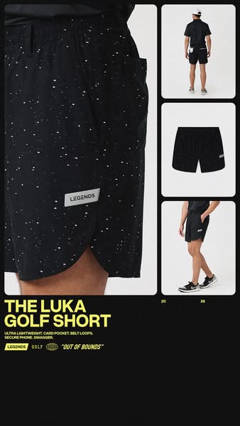 This ad showcases the Legends Luka Golf Short. The image is composed of three different views of the shorts and highligh