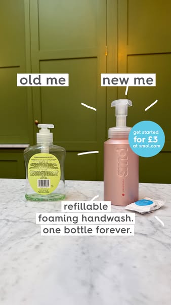 This ad compares a traditional plastic hand soap dispenser with the Smol refillable foaming handwash bottle. The ad high