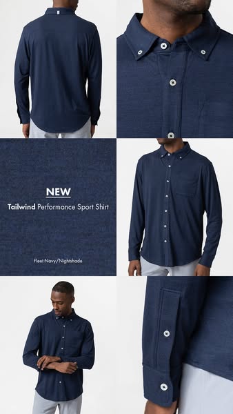 This ad showcases the new Tailwind Performance Sport Shirt in the color Fleet Navy/Nightshade. The ad uses a grid layout