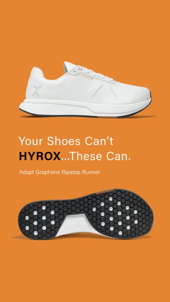 This ad showcases Adapt Graphene Ripstop Runner athletic shoes from Hyrox, highlighting their suitability for Hyrox even