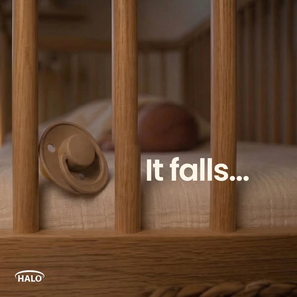 This ad addresses the common frustration of a baby's pacifier falling from the crib, and suggests Halo's sleep s