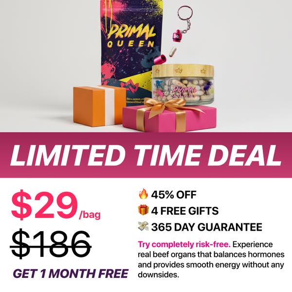 This image ad promotes Primal Queen's real beef organs supplement, highlighting a limited-time deal of 45% off and a