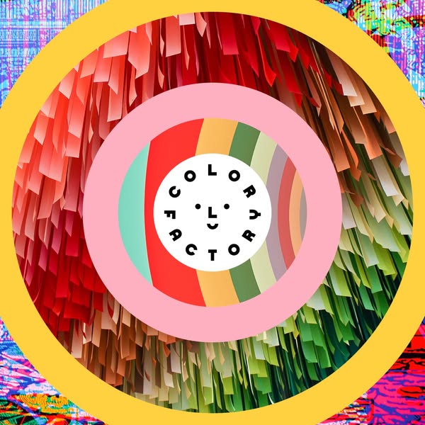 This ad features an abstract art collage that showcases the Color Factory brand. The design incorporates a pattern of co