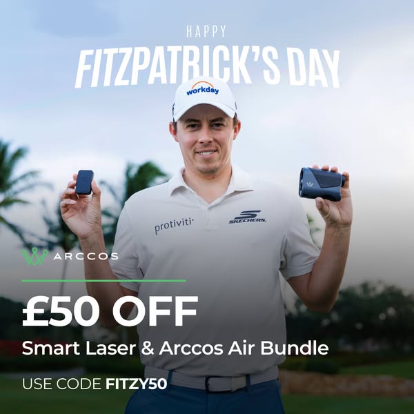 This ad features golfer Matt Fitzpatrick holding a golf tracking sensor and golf rangefinder. The ad promotes a bundle o