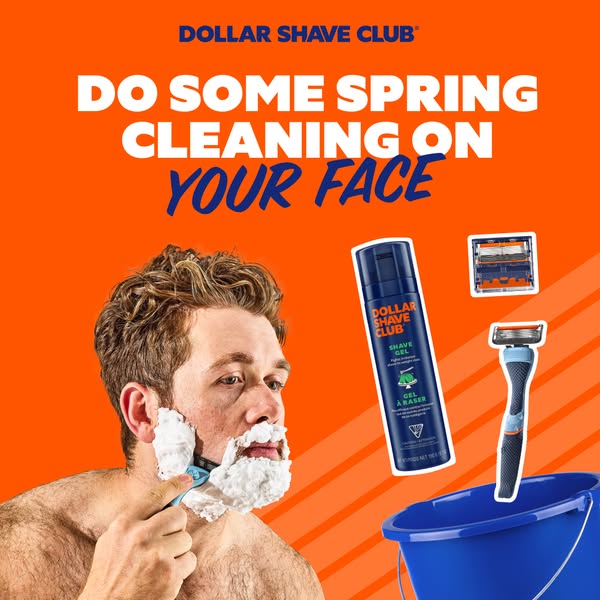 This Dollar Shave Club image ad uses the concept of spring cleaning as a humorous analogy to shaving. It features a man 