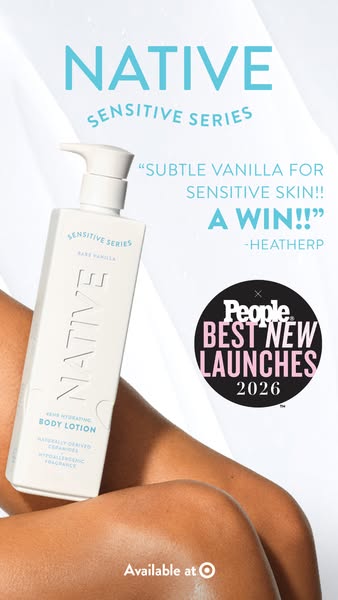 This ad features Native Sensitive Series Body Lotion. The ad uses a testimonial and an award badge to promote the qualit