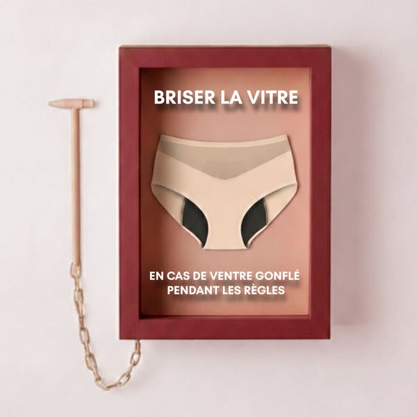 The ad uses a tongue-in-cheek approach by presenting period underwear in a literal 'break in case of emergency' 