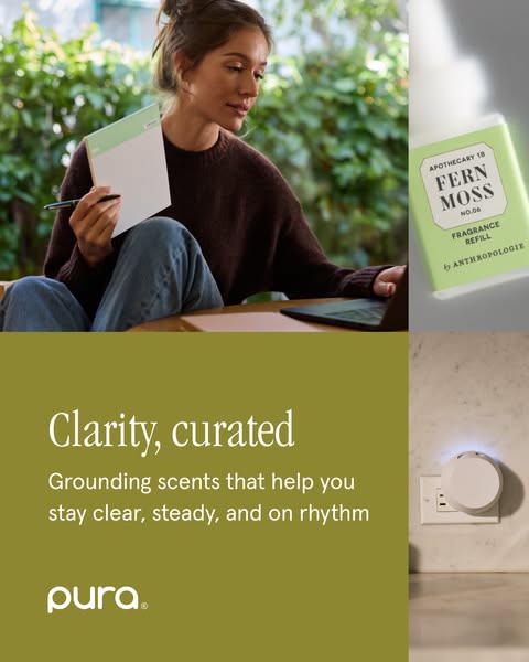 This ad for Pura smart home fragrance diffusers features a woman working at a table with a laptop and notebook, alongsid