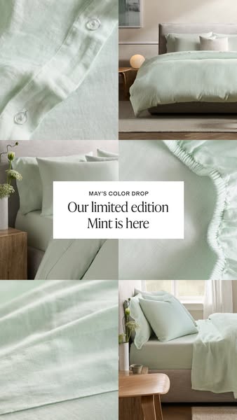 This ad showcases mint colored linen bedding with the offer of a limited edition release. The ad features several close 