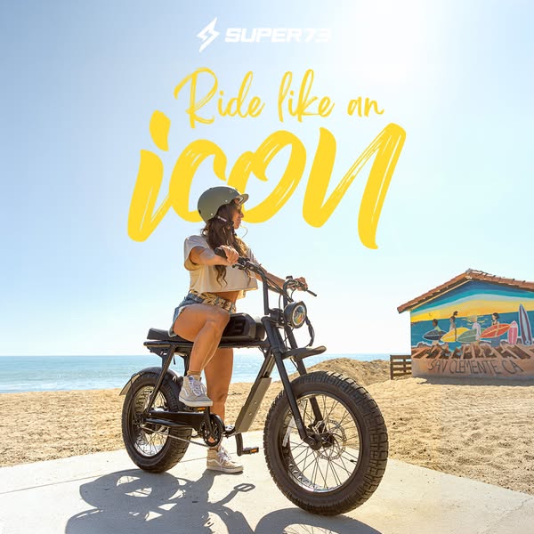 This ad for SUPER73 electric bicycles presents a young woman riding the bike along the beach. The bike is positioned as 