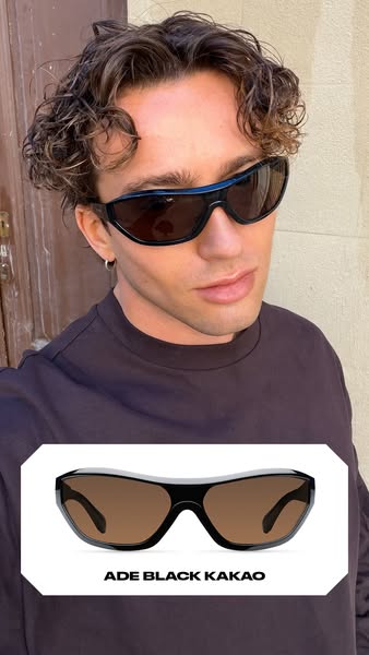 A close-up shot of a person wearing black sunglasses with a product inset beneath it.