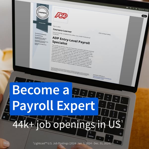This ad promotes the ADP Entry-Level Payroll Specialist Certificate on Coursera. The ad features an image of a laptop di
