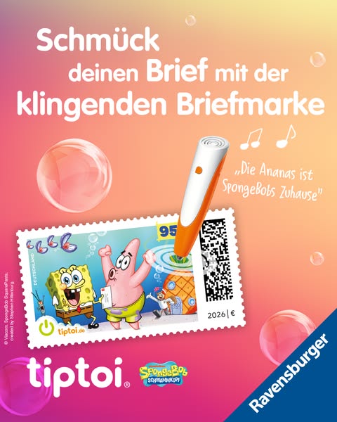 This image ad shows a tiptoi pen being used on a SpongeBob Squarepants-themed stamp. The pen reads audio from the stamp.
