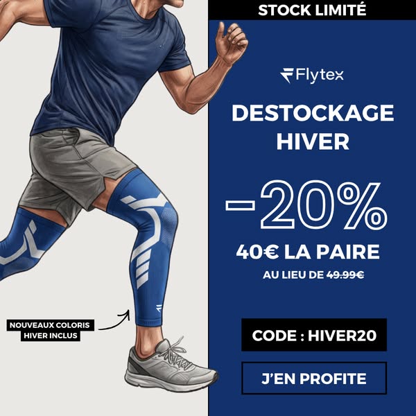 This ad for Flytex advertises a sale on their running leg sleeves. The ad features a runner wearing the sleeves along wi