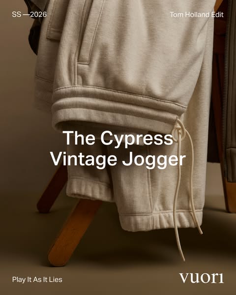 This image ad features Vuori's Cypress Vintage Jogger as part of the Tom Holland Edit collection.