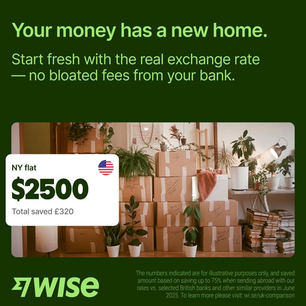 This image ad emphasizes the benefits of using Wise for international money transfers. It highlights the real exchange r