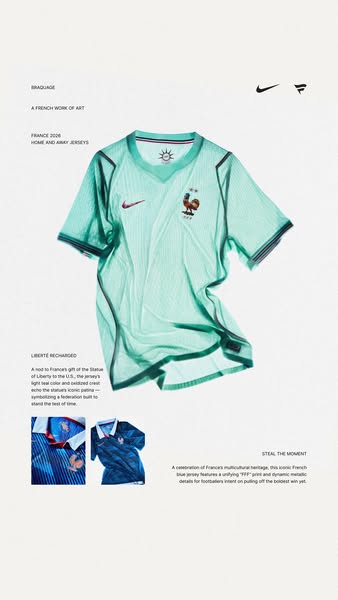 The ad showcases the France 2026 Home and Away jerseys by Nike, highlighting the jersey's design and its connection