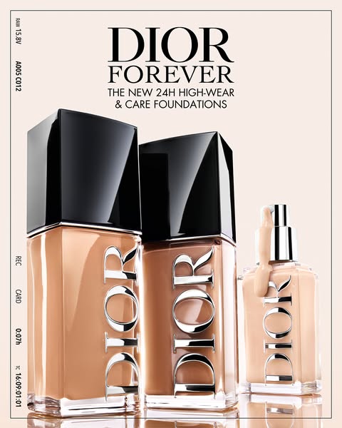 This image features the Dior Forever 24H High-Wear & Care Foundation product line. Three bottles of varying shades a