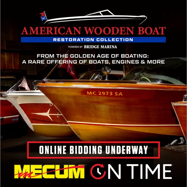 This image ad is for the American Wooden Boat Restoration Collection powered by Bridge Marina. It promotes a rare offeri