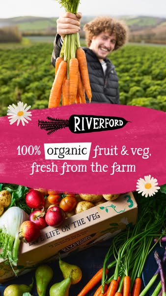 This image ad showcases Riverford organic fruit and vegetables, emphasizing freshness and farm-to-table quality. The ad 
